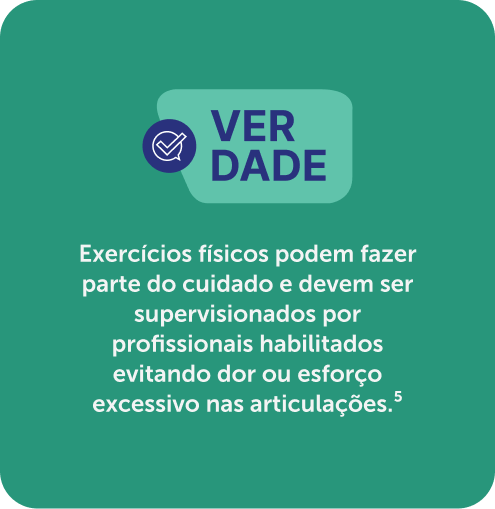 Exercícios físicos podem fazer parte do cuidado e devem ser supervisionados por profissionais habilitados evitando dor ou esforço excessivo nas articulações.
